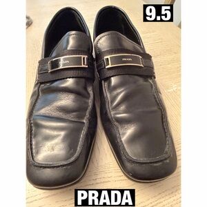 Prada Men's Black Leather Slip-On Loafers with logo plack Sz 9.5